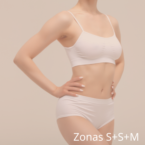 Depilación entre dos zonas de axilas, rebaje parcial, intergluteo o antebrazo mas medias piernas, rebaje total o rostro completo (Seis Sesiones S+S+M)